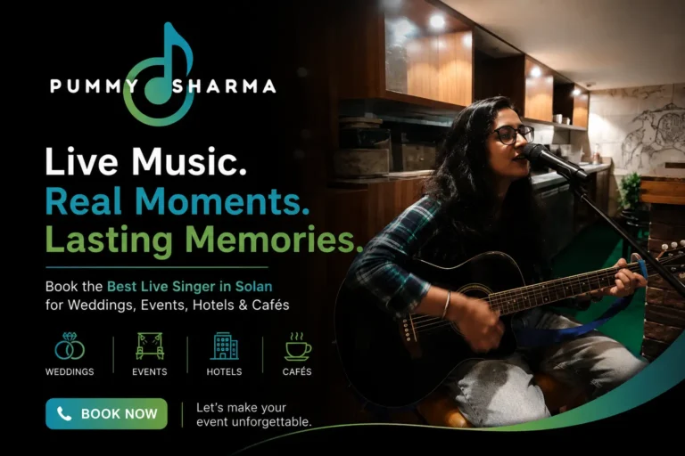 Female live singer performing with guitar at a café event in Solan – featured image for live music and wedding singer services