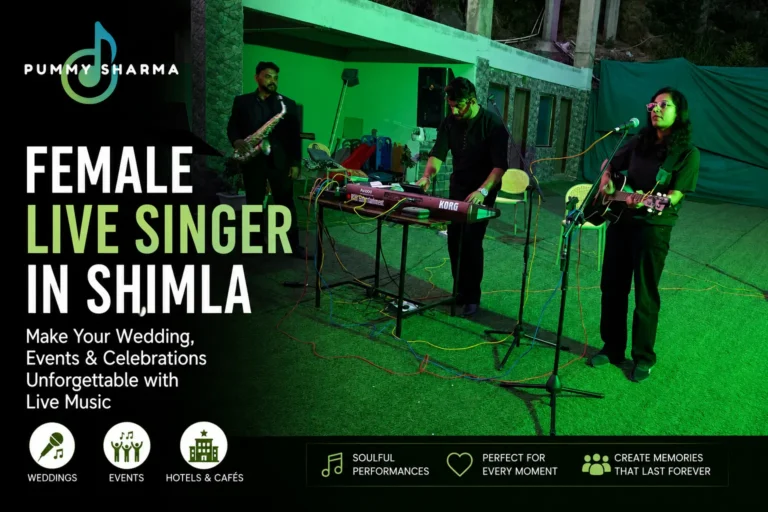 Female live singer in Shimla performing with her band at an outdoor event venue, providing live music for weddings, hotels, cafes, and corporate events.