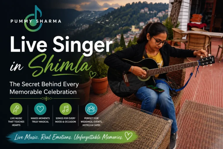 Pummy Sharma performing live music in Shimla with acoustic guitar, offering professional live singing services for weddings, events, hotels, and cafés.