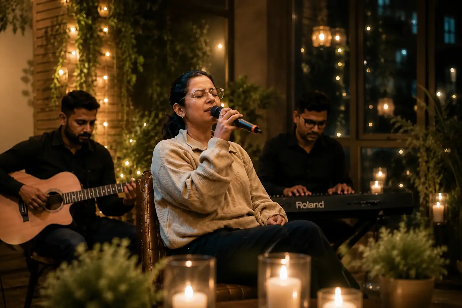 Professional female live singer performing with live musicians at an intimate wedding or private event in Shimla, creating a memorable musical experience.