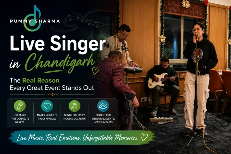 Pummy Sharma performing live music in Chandigarh with a band, providing professional live singing services for weddings, corporate events, hotels, cafés, and private celebrations.