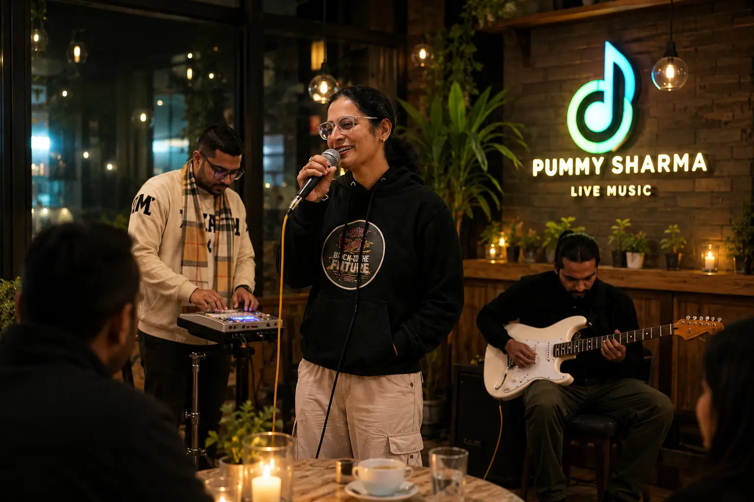 Professional live singer in Chandigarh singing at an indoor event with musicians and audience in a warm café setting