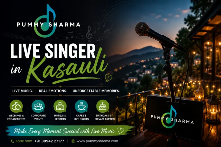 Live singer Pummy Sharma performing with a band at a cozy café event in Chandigarh creating a memorable musical experience