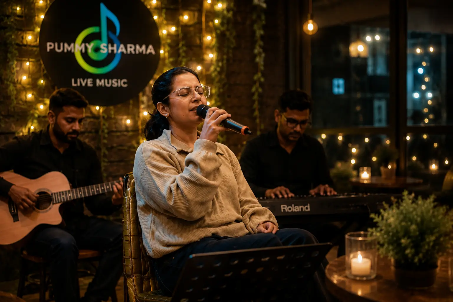 Pummy Sharma live singer performing with guitarist and keyboardist at an evening event
