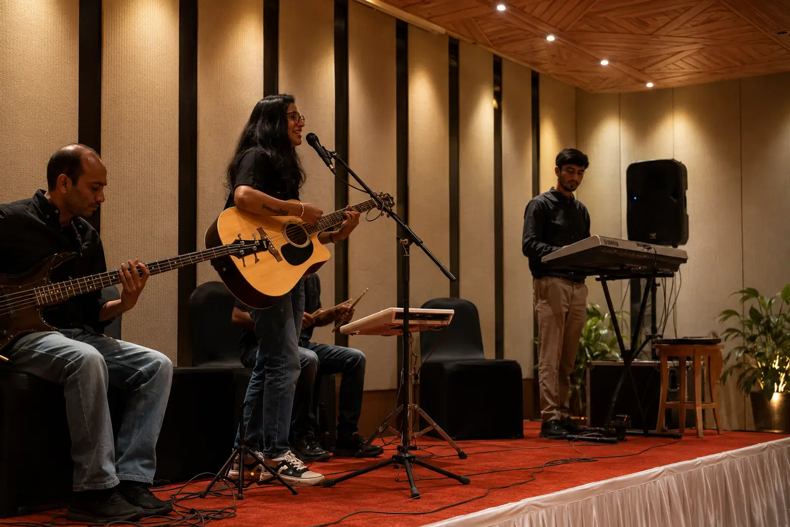 Female live singer and band performing at a luxury resort event with acoustic guitar, keyboard, and live music entertainment for weddings and private celebrations.