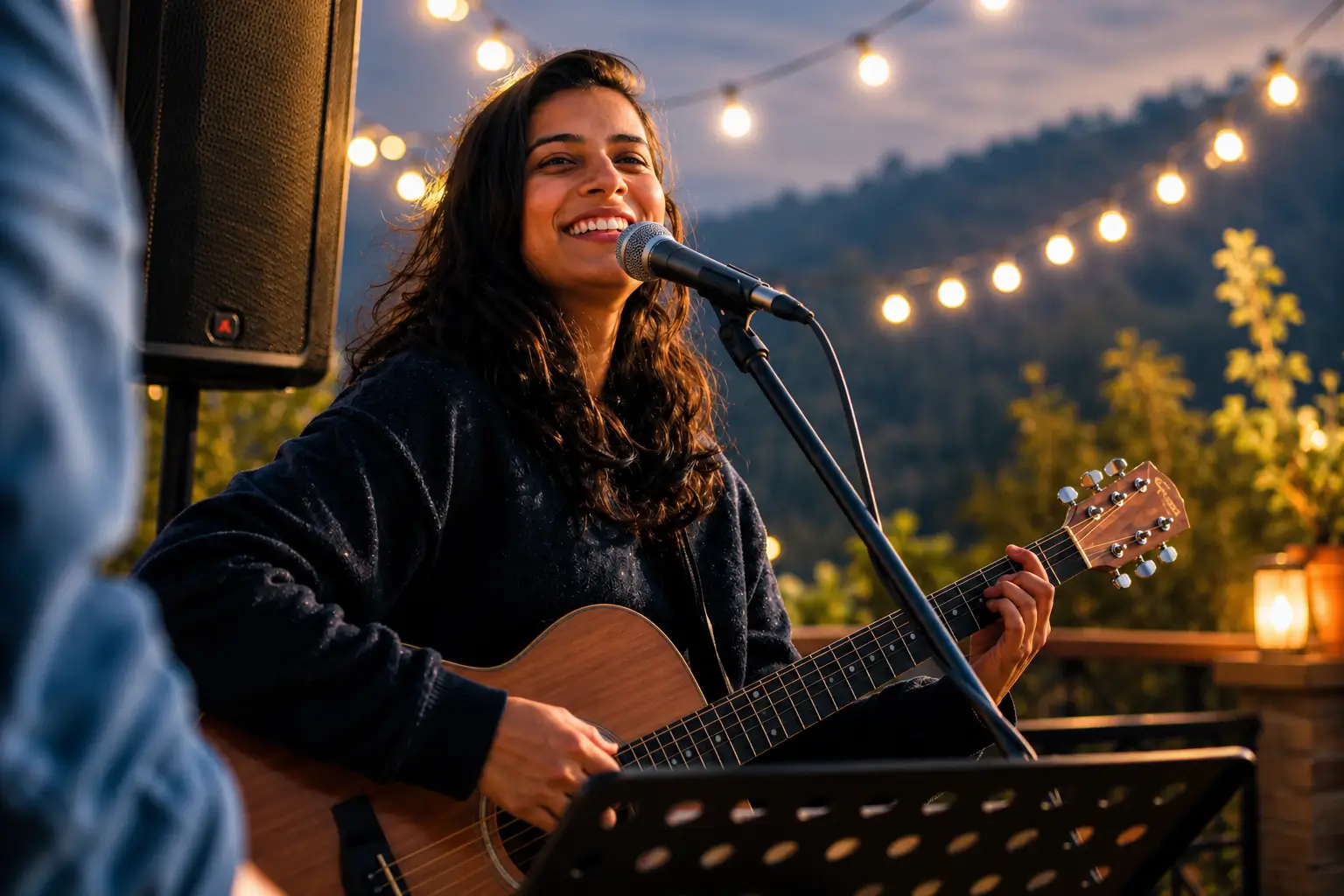 Female live singer performing with an acoustic guitar at an outdoor event in Shimla, creating a warm and engaging atmosphere for weddings, hotel events, cafés, and private celebrations.