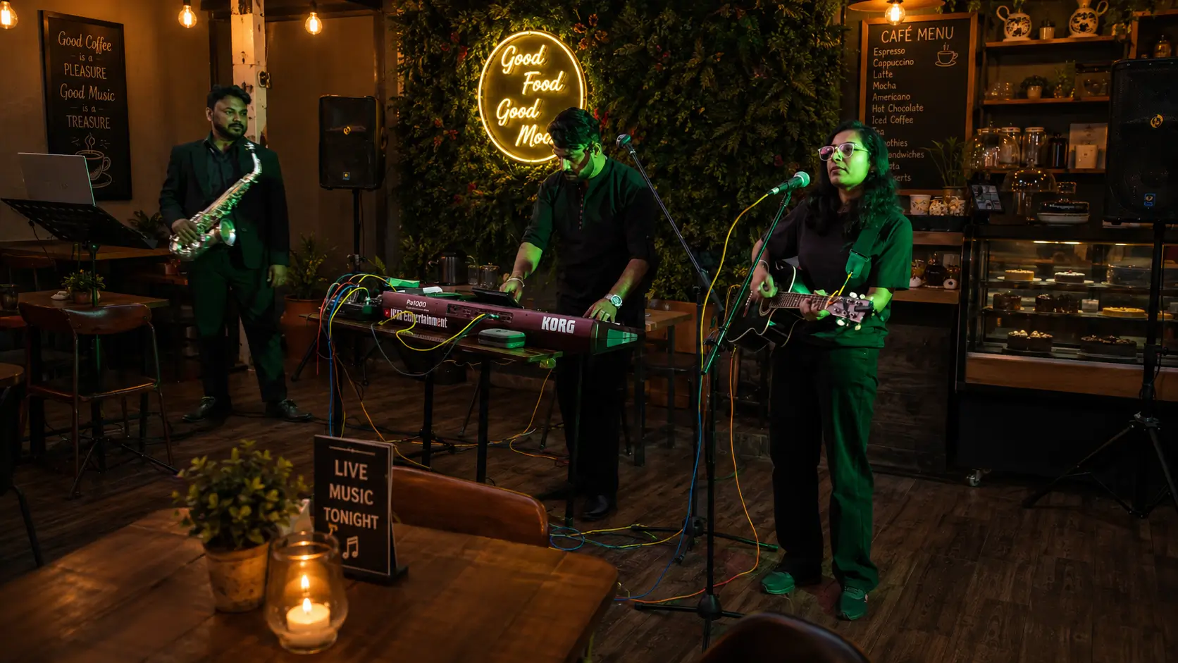 Live singer and musicians performing at a cozy cafe event with acoustic guitar and keyboard, creating a relaxing musical atmosphere for cafe guests.