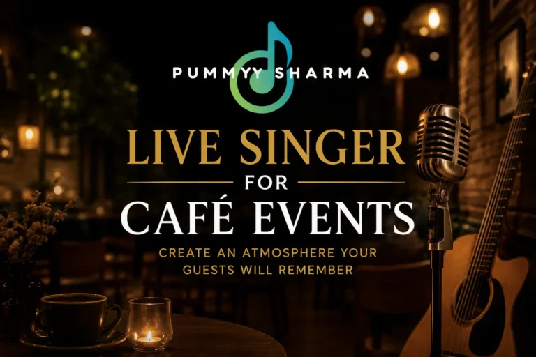Live Singer for Cafe Events featured image with Pummy Sharma logo in a warm café ambience, representing live acoustic music performances for cafés and restaurants.