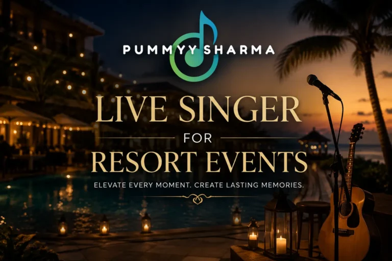 Live Singer for Resort Events featured image with Pummy Sharma logo in a luxury resort setting, representing live music for destination weddings, private celebrations, and resort entertainment.