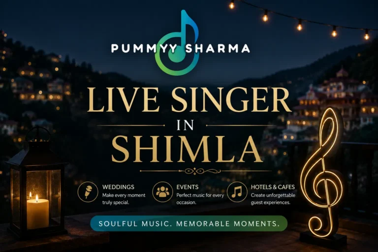 Professional live singer for wedding in Shimla featuring Pummy Sharma branding with elegant wedding-inspired design for live music and event entertainment.