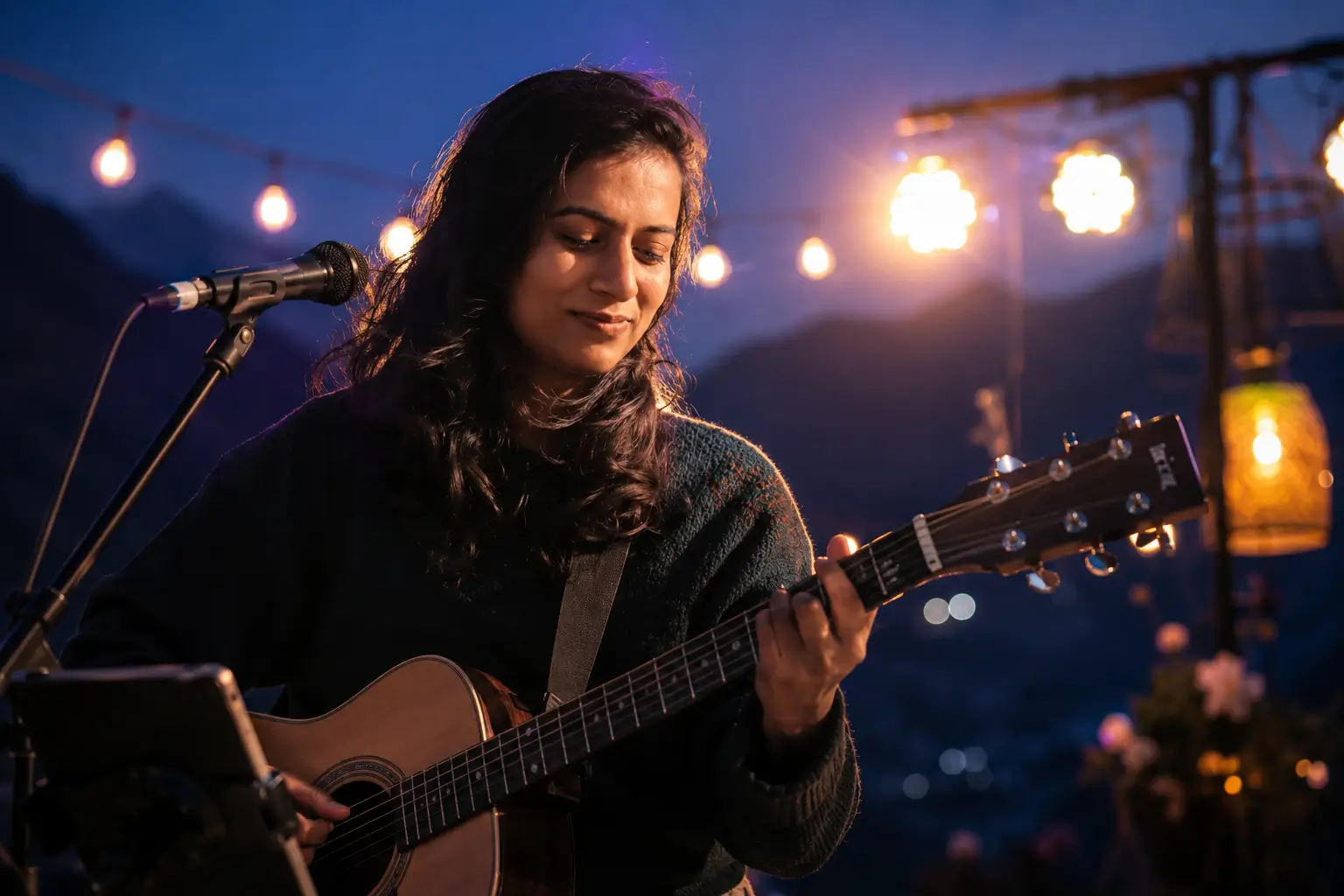 Female live singer performing with a live band at a destination wedding or special event in Manali surrounded by beautiful mountain scenery.